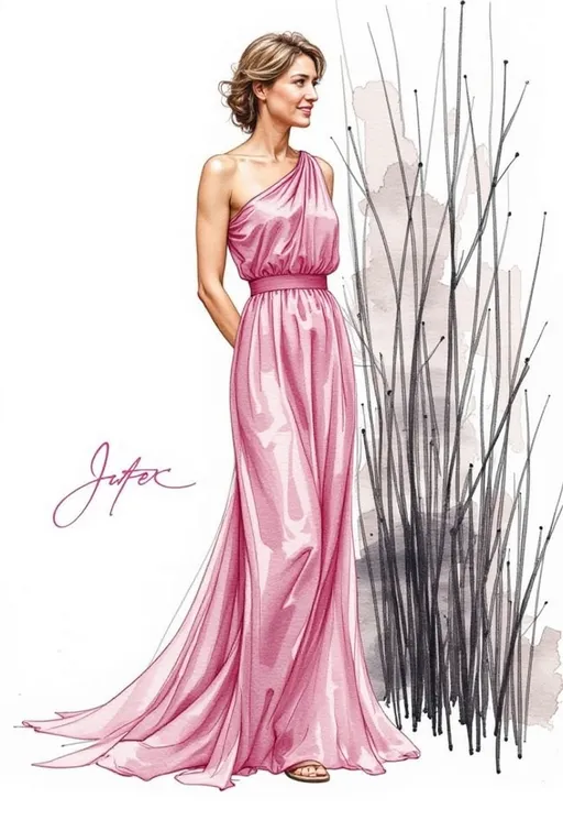 Prompt: This is a digital drawing in a sketch style, depicting a woman standing in profile, facing to the right. She has short, wavy hair and is wearing a long, flowing, pink dress that reaches the floor. The dress has a subtle floral pattern and is cinched at the waist with a thin, matching pink belt. The dress has a sleeveless design with a single shoulder strap that falls gracefully. The woman's arms are relaxed and positioned behind her back. Her facial expression is neutral, with a slight smile. The background consists of loosely drawn, vertical black lines that create a textured effect, adding depth and movement to the image. The lines are more concentrated around the bottom right corner, suggesting a sense of ground or surface beneath the woman's feet. The overall color palette is limited to shades of pink for the dress and black for the background lines. The drawing has a soft, elegant feel, with a focus on the fluidity and grace of the woman's pose and the flow of her dress. The style is reminiscent of fashion illustrations, emphasizing both the beauty of the dress and the poise of the subject. Signature "Jutter" is in the left corner