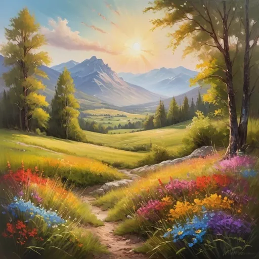 Prompt: Beautiful, vibrant oil painting of a serene countryside, warm sunlight filtering through the trees, colorful wildflowers in the foreground, majestic mountains in the distance, high quality, oil painting, vibrant colors, serene atmosphere, detailed landscape, warm sunlight