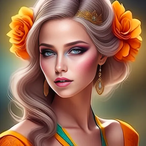 Prompt: <mymodel>digital painting, dramatic colourful makeup, high fashion, intense gaze, realistic portrayal, vibrant colors, detailed features, highres, professional, dramatic, realistic, digital painting, intense gaze, vibrant colors, detailed features, high fashion, glamorous lighting