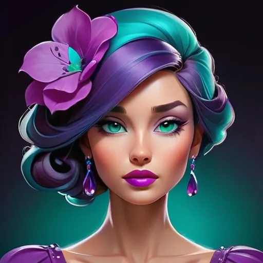 Prompt: Elegant lady in colors of purple and turquoise