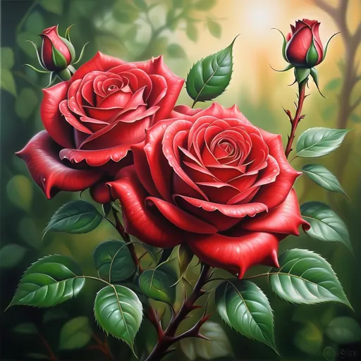 Prompt: a painting of two red roses with green leaves on a branch with a blurry background of boke, Anne Stokes, fantasy art, roses, an airbrush painting