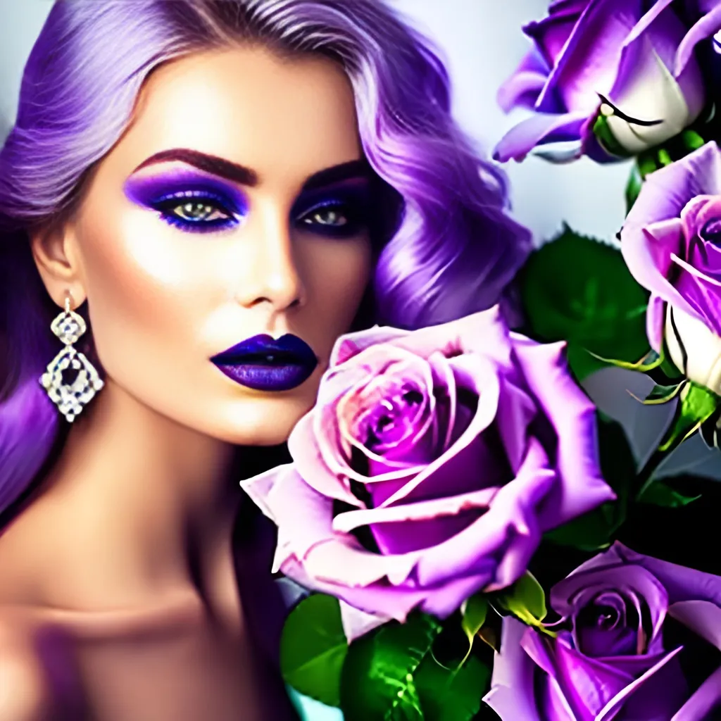 Prompt: Beautiful ethereal woman, long blonde hair,and icy blue eyes color, purple lipstick, purple roses, facial closeup