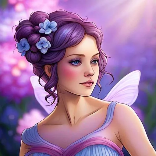 Prompt: purple, pink and blue flower fairy
