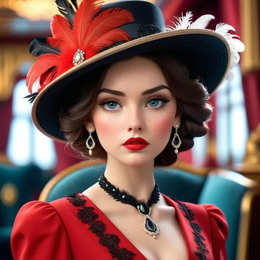 Prompt: <mymodel>fashionable 1st class  female passenger on the Titanic, pale skin, dark styled hair, large lips,  looking sad, facial closeup, vibrant colors, red dress and elaborate hat with feathers