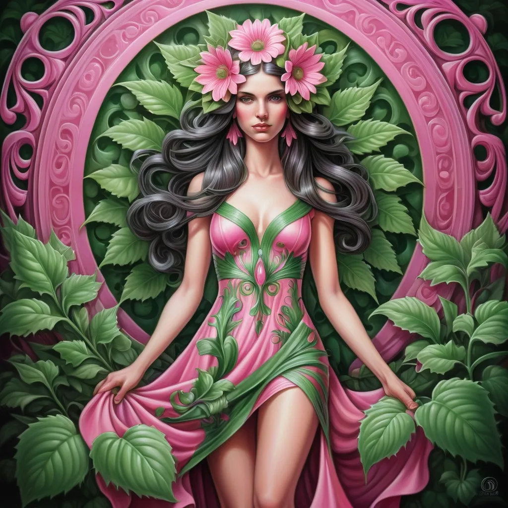 Prompt: a painting of a woman with a flower in her hair and a pink dress with green leaves around her, Anne Stokes, psychedelic art, highly detailed digital painting, an art deco painting