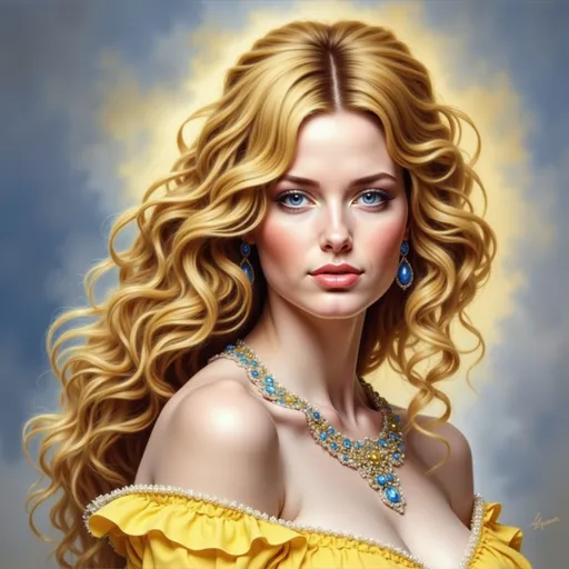 Prompt: a painting of a woman with long blonde hair wearing a yellow dress and necklace with a blue sky in the background, Edwin Georgi, photorealism, highly detailed digital painting, a photorealistic painting