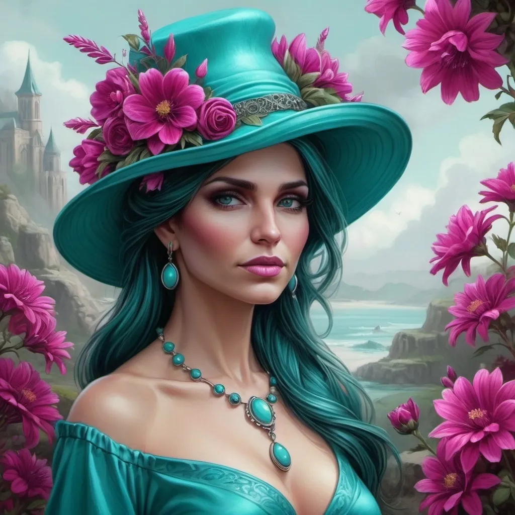 Prompt: a woman in a turquoise dress and hat with  magenta flowers on her head  Anne Stokes, fantasy art, highly detailed digital painting, a detailed painting