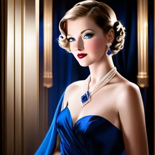 Prompt: <mymodel>Glamorously dressed 1930's lady, sapphire jewelry, blue eyes, vintage glam, luxurious satin gown, elegant updo hairstyle, detailed facial features, high-quality, vintage, glamorous, detailed sapphire jewelry, sophisticated makeup, atmospheric lighting, deep blue color tones, classic Hollywood style