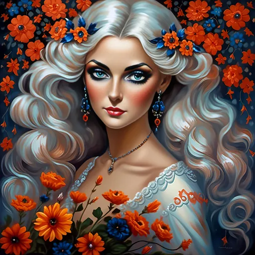 Prompt: <mymodel>Nataasha-Beautiful woman with flowers, oil painting, detailed fiery eyes, ethereal glow, dark and mysterious, high quality, vibrant colors, surreal, haunting, intricate floral details, intense gaze, mystical atmosphere, oil painting, demon, hybrid, fiery eyes, ethereal, vibrant colors, surreal, haunting, floral details, intense gaze, mystical atmosphere