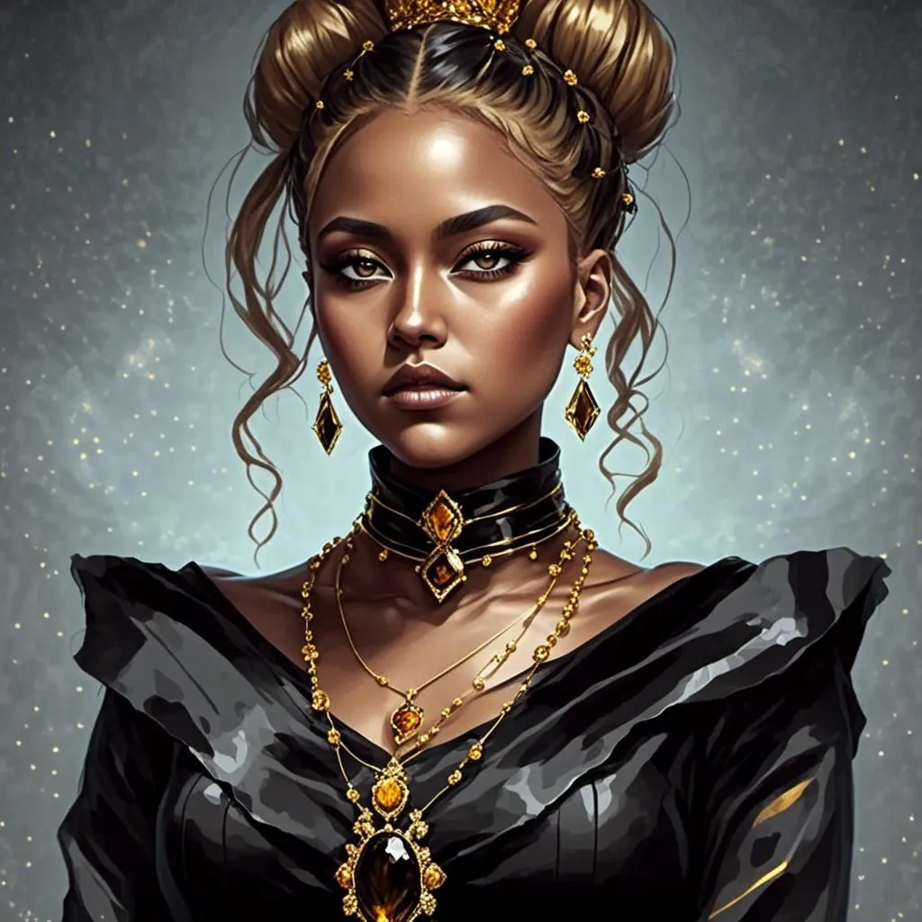 Prompt: <mymodel> a woman with a gold necklace and earrings on her head, wearing a black dress and a gold necklace, Chinwe Chukwuogo-Roy, afrofuturism, regal, a character portrait