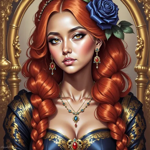 Prompt: a woman with a rose in her hair, wearing a headdress, Android Jones, computer art, intricate oil painting, a detailed painting