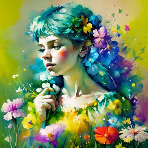 Prompt: a fairy of spring, ,wildflowers, vivid colors,  facial closeup