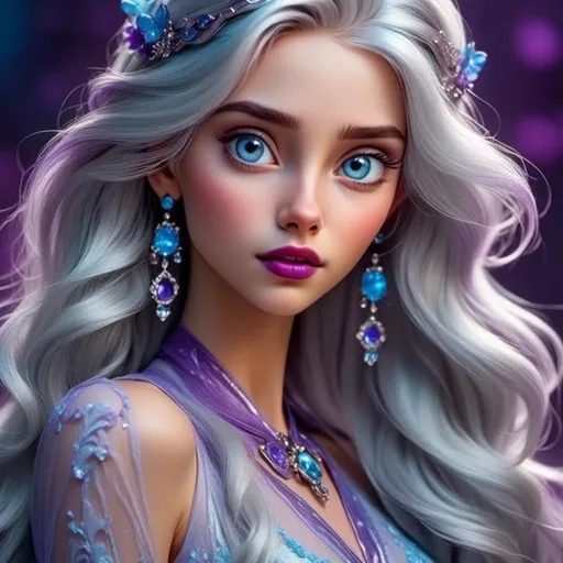 Prompt: <mymodel>Beautiful ethereal woman, long blonde hair,and icy blue eyes color, purple lipstick, facial closeup