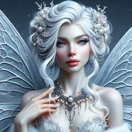 Prompt: a woman with white butterfly wings  and snow white haira adorned with pearlsand a necklace on her neck . Anne Stokes, gothic art, highly detailed digital painting, a photorealistic painting