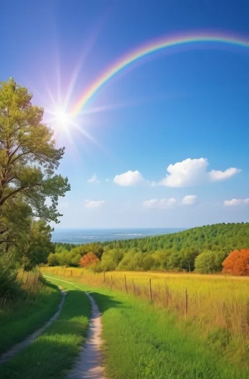 Prompt: Vivid rainbow in a clear blue sky, vibrant colors, high quality, realistic, scenic landscape, colorful arc, clear blue sky, natural beauty, atmospheric lighting