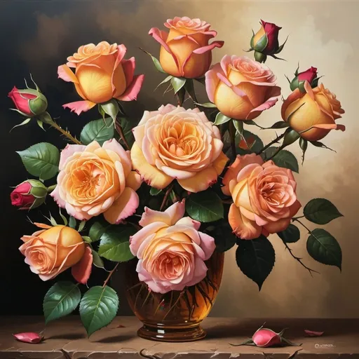 Prompt: Vibrant oil painting of a bouquet of roses, rich and varied textures, realistic petals with intricate details, high quality, classic realism, warm tones, dramatic lighting, detailed leaves and thorns, opulent display, traditional, oil painting, classic style, realistic, vibrant colors, intricate details, warm lighting