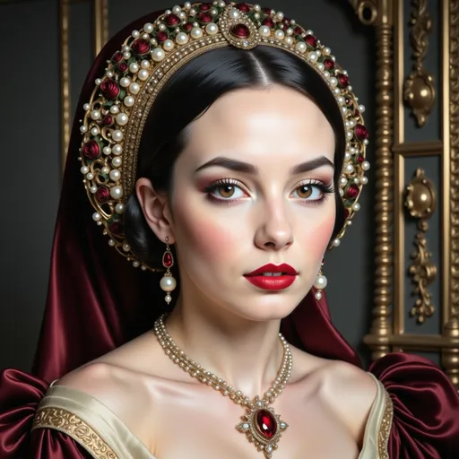 Prompt: A lady adorned in opulent Renaissance attire captivates with her serene expression, framed by an intricate, regal headdress topped with pearls and embellished with a central gem. Her elegant gown, rich in deep burgundy and gold tones, features a wide neckline that further accentuates her graceful poise. Delicate pearl earrings dangle beside her soft, fair features, reflecting the warm, ambient lighting that casts a flattering glow on her skin. The backdrop hints at historical elegance with ornate details, creating an atmosphere steeped in artistry and sophistication, suggesting a narrative of noble lineage and enduring grace.