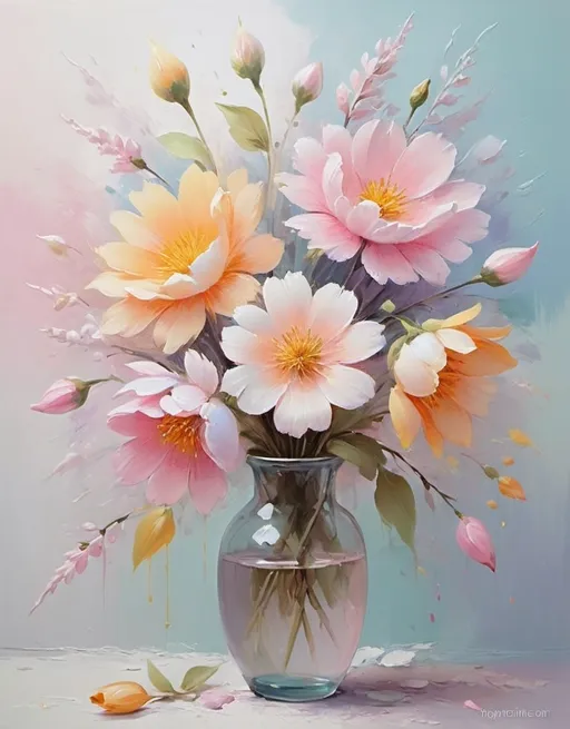 Prompt: <mymodel> Pastel-themed painting of flowers, oil painting, soft brush strokes, delicate petals, vibrant pastel colors, high quality, impressionism, soft color palette, natural lighting