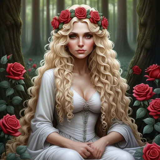 Prompt:  a woman with long curly blonde hair and flowers in her hair, sitting in a forest with roses, Anne Stokes, fantasy art, highly detailed digital painting, a detailed painting