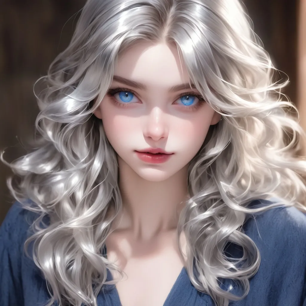 Prompt: A beautiful woman with shiny silver hair and blue eyes