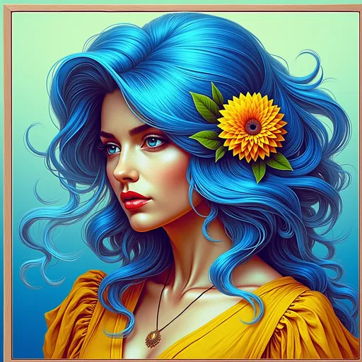 Prompt: a painting of a woman with blue hair and a flower in her hair, wearing a yellow top and a flower in her hair, Audrey Kawasaki, pop surrealism, highly detailed digital painting, an ultrafine detailed painting