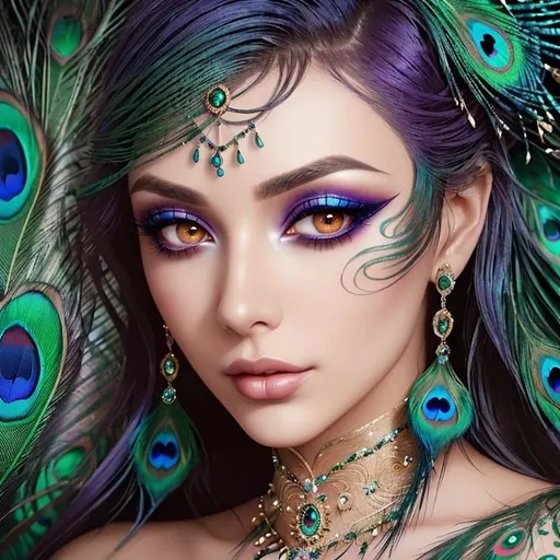 Prompt: Gorgeous woman with beautiful makeup and hair, peacock feathers in her hair, high-quality, detailed, realistic, elegant, vibrant colors, professional makeup, glamorous lighting, 4k resolution, portrait, detailed facial features, luxurious, exotic, peacock feathers, elegant hairstyle, stunning makeup, beauty shot