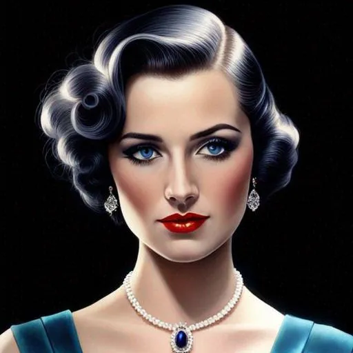 Prompt: Glamorously dressed lady of rhe 1930's wearing sapphire jewelry,blue eyes