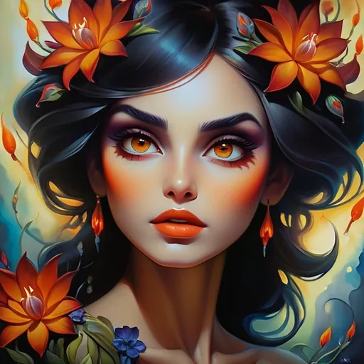 Prompt: Beautiful  hybrid woman with flowers sprouting from her, oil painting, detailed fiery eyes, ethereal glow, dark and mysterious, high quality, vibrant colors, surreal, haunting, intricate floral details, intense gaze, mystical atmosphere, oil painting, demon, hybrid, fiery eyes, ethereal, vibrant colors, surreal, haunting, floral details, intense gaze, mystical atmosphere