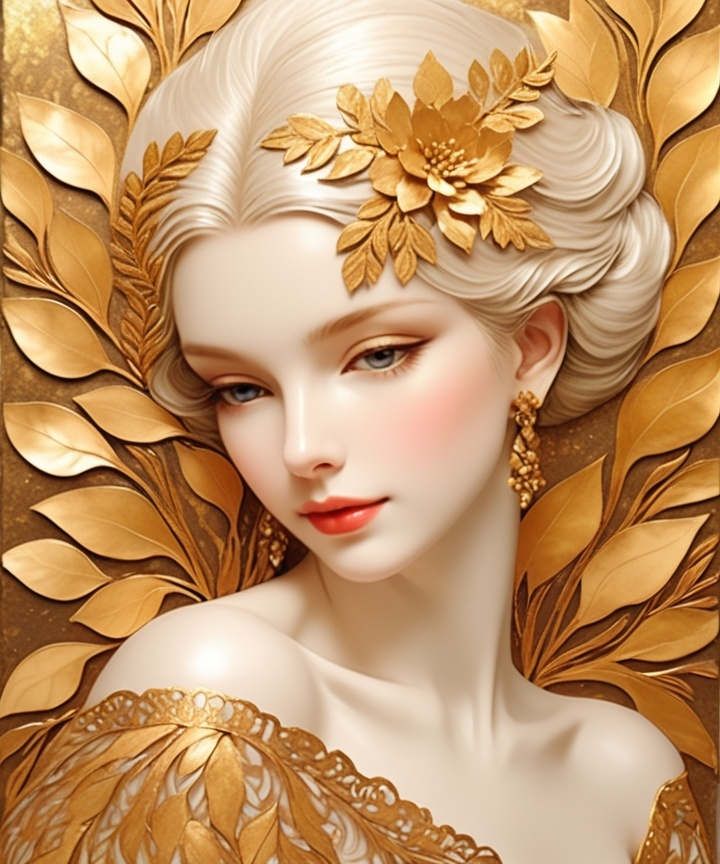 Prompt: Beautiful woman portrait in gold leaf decoupage