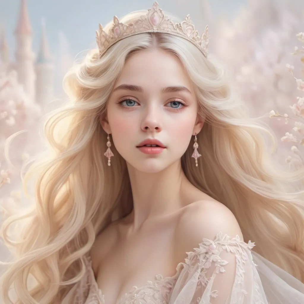 Prompt: Vanilla princess illustration with pastel colors, royal gown flowing in the wind, delicate lace details, soft and dreamy atmosphere, high quality, detailed, pastel colors, princess, elegant, flowing gown, delicate lace, dreamy atmosphere, royal, soft lighting, facial closeup