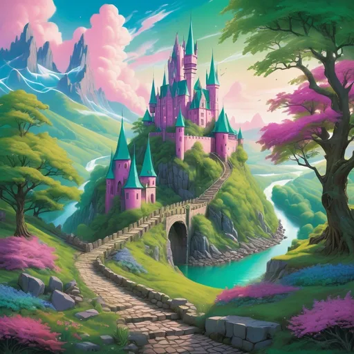 Prompt: A vibrant fantasy landscape unfolds, dominated by an enchanting castle perched atop a lush green hill, its soaring spires and turrets adorned with emerald green roofs. The mystical structure is framed by a path that winds gracefully down the hill, leading to a dazzling river that flows in hues of blue and pink, dotted with smooth stones. Surrounding the scene are trees with vivid foliage in shades of pink and gold, while elaborate bursts of colorful flowers in the foreground add to the lushness of the setting. Above, fluffy clouds drift across a brilliant sky illuminated by rainbow streaks, casting a dreamlike atmosphere that invites wonder and whimsy. The combination of bright colors and fantastical elements creates a magical narrative that evokes a sense of adventure and enchantment.