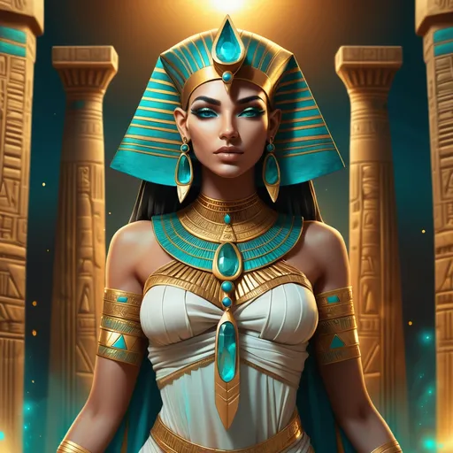 Prompt: Fantasy illustration of a powerful Egyptian sorceress, vibrant gold and teal color palette, ancient pyramids in the background, flowing silk garments with intricate hieroglyphic patterns, majestic headdress adorned with gemstones, mystical glowing staff, high quality, detailed fantasy, Egyptian, mystical, powerful sorceress, gold and teal, ancient pyramids, flowing garments, hieroglyphic patterns, majestic headdress, glowing staff, fantasy illustration, vibrant colors, mystical atmosphere