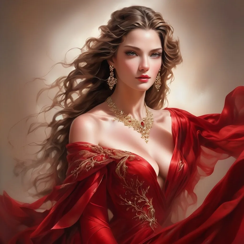 Prompt: <mymodel>Realistic oil painting of a powerful and elegant woman, flowing red gown, intricate jewelry, captivating gaze, detailed facial features, high quality, realistic, oil painting, elegant, flowing gown, powerful, captivating gaze, detailed facial features, intricate jewelry, professional lighting