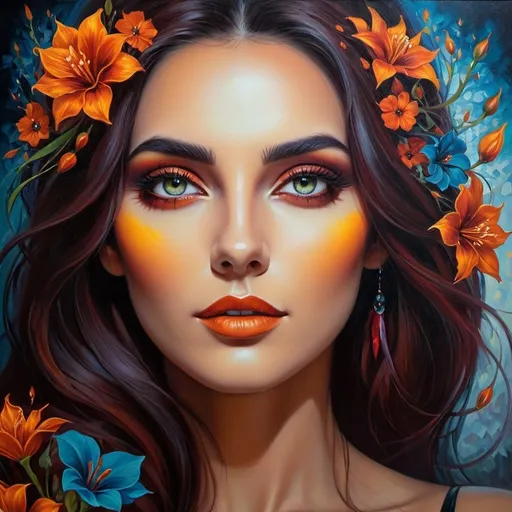 Prompt: Beautiful  hybrid woman with flowers sprouting from her, oil painting, detailed fiery eyes, ethereal glow, dark and mysterious, high quality, vibrant colors, surreal, haunting, intricate floral details, intense gaze, mystical atmosphere, oil painting, demon, hybrid, fiery eyes, ethereal, vibrant colors, surreal, haunting, floral details, intense gaze, mystical atmosphere