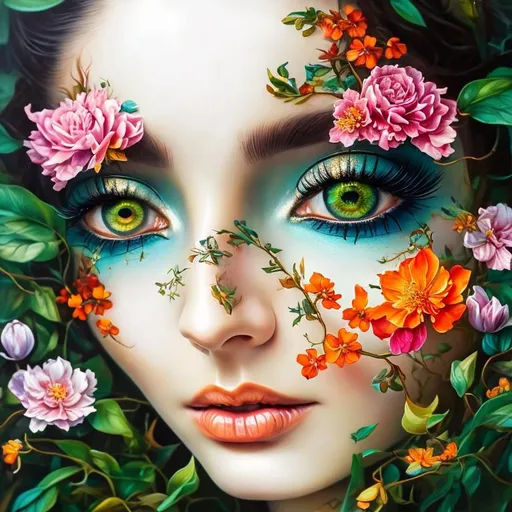 Prompt: Beautiful  hybrid woman with orange flowers sprouting from her, oil painting, detailed fiery eyes, ethereal glow, dark and mysterious, high quality, vibrant colors, surreal, haunting, intricate floral details, intense gaze, mystical atmosphere, oil painting, demon, hybrid, fiery eyes, ethereal, vibrant colors, surreal, haunting, floral details, intense gaze, mystical atmosphere