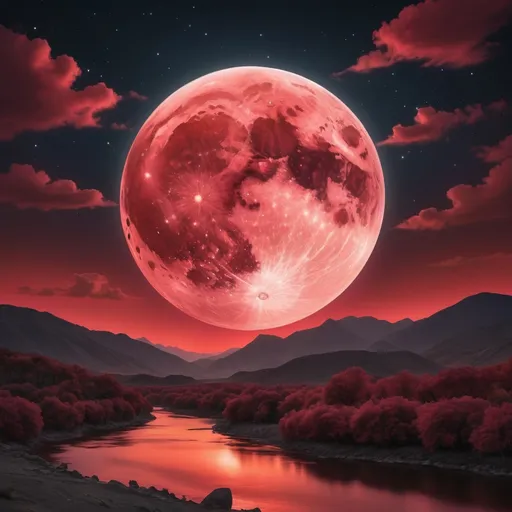 Prompt: A monumental, vivid crimson moon dominates the dark, star-studded sky, casting an ethereal glow across a surreal landscape. Beneath this celestial orb, a serene river mirrors its fiery hue, winding through a valley filled with lush, ruby-red foliage that contrasts dramatically with the rugged, shadowy mountains in the background. Wispy clouds drift lazily, tinged with shades of orange and pink, adding a mystical quality to the twilight scene. The overall atmosphere evokes a sense of wonder and otherworldliness, as if the viewer has stepped into a realm where nature and the cosmos intertwine in a breathtaking dance. The striking interplay of light and color imbues the image with both tranquility and enchantment, inviting contemplation of the mysteries beyond.