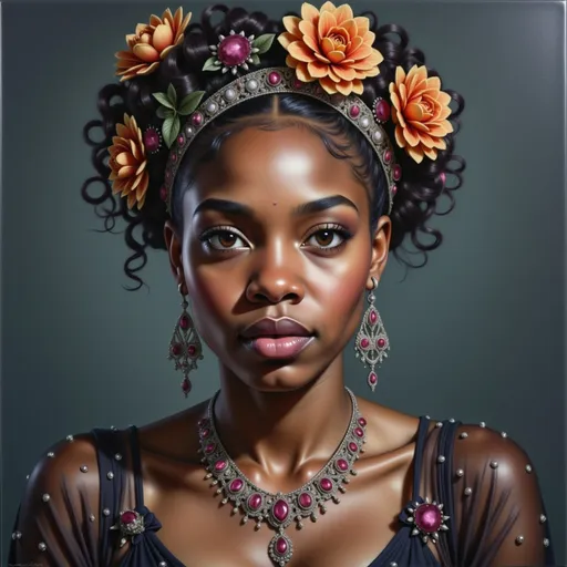 Prompt: a black  woman with a flower in her hair, wearing a head wrap and a necklace, Chinwe Chukwuogo-Roy, figurative art, highly detailed digital painting, a photorealistic painting