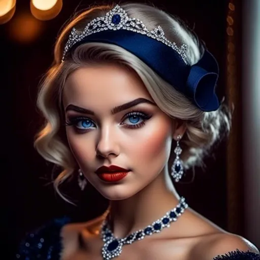 Prompt: <mymodel>Glamorously dressed lady of rhe 1930's wearing sapphire jewelry,blue eyes