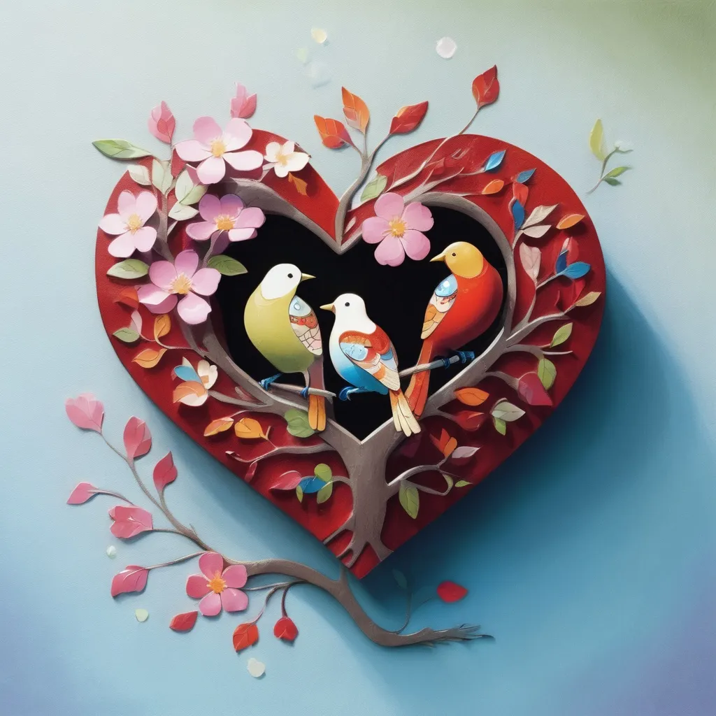 Prompt: a tree with two birds sitting on it and a heart shaped tree with flowers in the middle of it, Annabel Kidston, cloisonnism, book cover, a storybook illustration