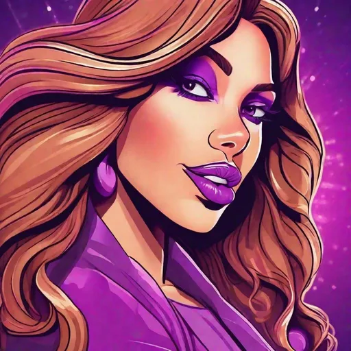 Prompt: Cartoon-style closeup illustration of a disco lady, light brown hair, vibrant  purple 80s makeup, detailed smooth lines, high quality, playful, detailed eyes, rosy cheeks, cartoon style, professional lighting