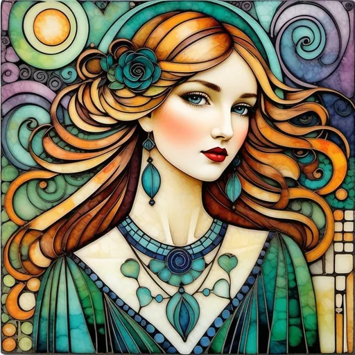 Prompt: Abstract encaustic texture, gradient inking colors, Jessica Galbreth, Irmgard Schoendorf Welch, Javier Mariscal, Charles Rennie Mackintosh, Lee Mullican style, a beautiful whimsical young woman, wonderland, decoupage.