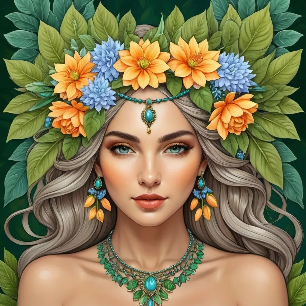 Prompt: a woman with flowers in her hair and a necklace on her head, surrounded by leaves and flowers, is shown in a digital painting style, Amanda Sage, fantasy art, highly detailed digital painting, a detailed painting