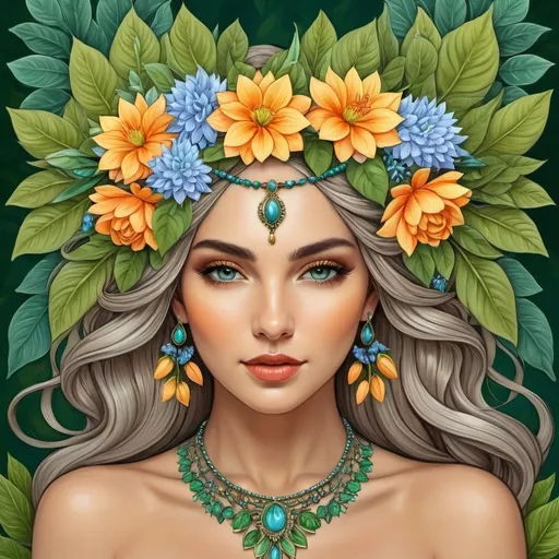 Prompt: a woman with flowers in her hair and a necklace on her head, surrounded by leaves and flowers, is shown in a digital painting style, Amanda Sage, fantasy art, highly detailed digital painting, a detailed painting