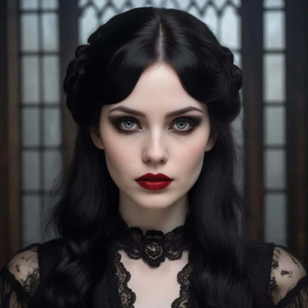 Prompt: Profile portrait of a gothic woman, oil painting, flowing black hair, pale skin, intense gaze, red lipstick, dark eyeshadow, elegant Victorian attire, high quality, realistic, gothic, moody lighting, dark tones, detailed lace, atmospheric, haunting beauty, professional