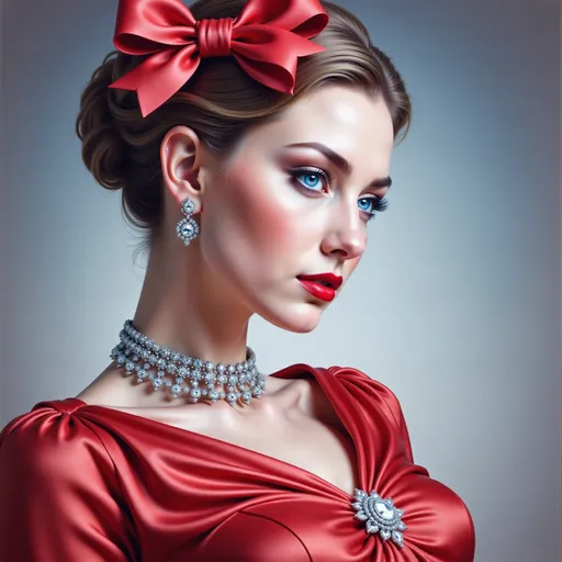 Prompt: a painting of a woman wearing a red bow and a diamond necklace on her neck and a red bow on her head, Edwin Georgi, photorealism, highly detailed digital painting, a photorealistic painting