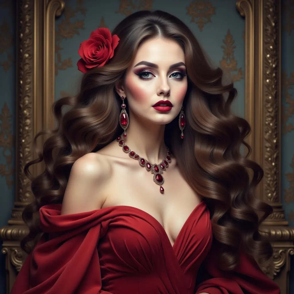 Prompt: a painting of a woman with long hair wearing a red dress and a flower in her hair, with a ruby necklace and earrings, Edwin Georgi, gothic art, highly detailed digital painting, a detailed painting