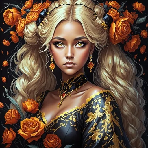 Prompt: <mymodel>Nataasha-Beautiful woman with flowers, oil painting, detailed fiery eyes, ethereal glow, dark and mysterious, high quality, vibrant colors, surreal, haunting, intricate floral details, intense gaze, mystical atmosphere, oil painting, demon, hybrid, fiery eyes, ethereal, vibrant colors, surreal, haunting, floral details, intense gaze, mystical atmosphere