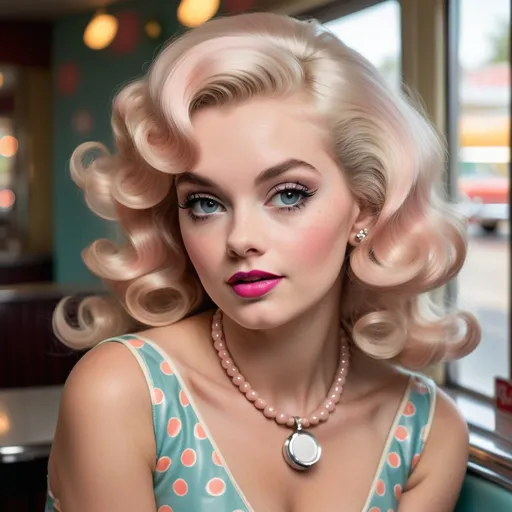 Prompt: Capture a stunning 1960s bombshell, radiating confidence and allure against a backdrop of a retro diner bathed in soft, pastel hues. The setting is infused with warm, inviting light, casting playful reflections on polished chrome surfaces. She dazzles in a classic polka-dot dress, cinched at the waist, her hair elegantly styled in voluminous curls, a subtle hint of vibrant red lipstick framing her bright smile. Leaning back against a vintage jukebox, one hand playfully tucked behind her head, she exudes charm and charisma. Outside, a soft summer breeze stirs the colorful neon sign, enhancing the nostalgic atmosphere. This scene is evocative of a dreamy watercolor illustration, capturing the essence of a bygone era while emphasizing the timeless beauty of the subject.