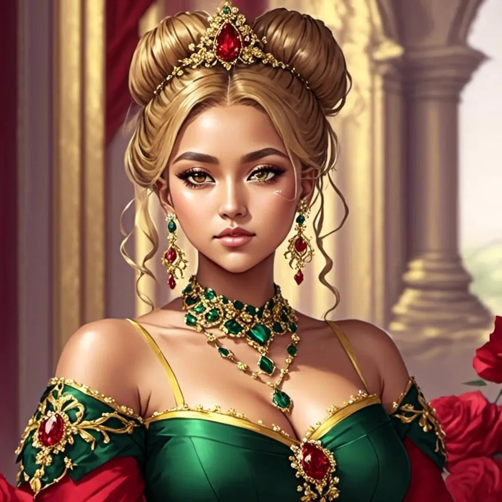 Prompt: <mymodel>lady wearing  emerald and ruby jewelry
