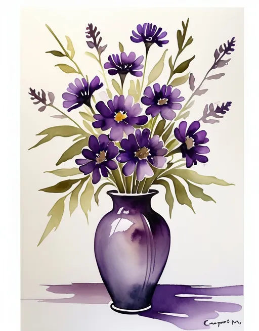 Prompt: a painting of a vase with purple flowers in it and watercolor paint on paper behind it, on a white background, Constance Copeman, modern european ink painting, watercolor, a watercolor painting